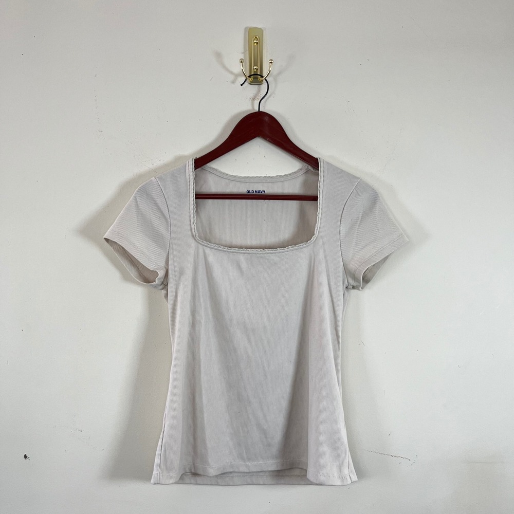 Old Navy Ribbed Square Neck T-Shirt Cream Lace Trim Womens Large Preppy Minimal